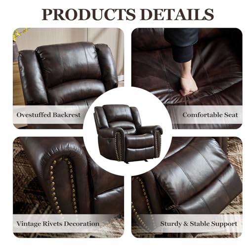 CANMOV Rocker Recliner Chair, Leather Recliner Chair with Overstuffed Backrest and Armrests, Manual Single Sofa for Living Room,Bedroom, Dark Brown