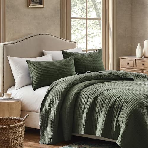 WDCOZY 100% Cotton King Size Quilt Set - Olive Green Striped Pick Stitch Soft Lightweight Bedspread, Textured Like Linen, Farmhouse Country Rustic Coverlet, Shabby Chic Gauze Bedding, 3 Pieces WDCOZY