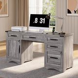 Decofy Farmhouse Executive Desk with Drawers, 55" Home Office Desks with Fast Charging Station, Lockable File Cabinet, Wood Writing Computer Desk for Work, Study, Grey Decofy