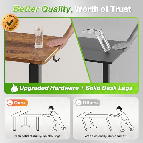 Huuger L Shaped Standing Desk with Power Outlets, 63 x 55 Inch Height Adjustable Computer Desk for Bedroom, Corner Stand up Desk for Home and Office, Work and Study, Rustic Brown Huuger