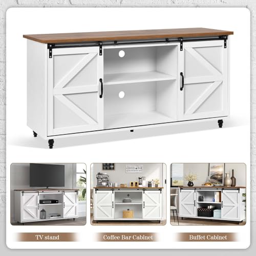 4ever2buy Farmhouse Coffee Bar Cabinet with Storage, 58'' Buffet Cabinet with Sliding Barn Door, White Coffee Bar Table with Wood Gourd Feet, Buffet Table for Living Dining Room