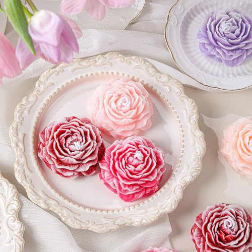 3 Pack Peony Silicone Candle Mold Flower Mold Resin Casting Molds with Large-Eye Wicking Needle,Candlewick for DIY Scented Candle, Soy Wax, Cake, Soap,Craft Making