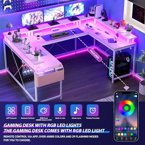 IDEALHOUSE U Shaped Home Office Desk, Reversible L Shaped Gaming Computer Desk with Power Outlets,126 Inch Computer Desk with Monitor Stand and LED Lights,Storage Shelves,Storage Bag and Hooks（Pink） IDEALHOUSE