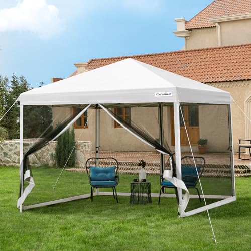 VIVOHOME 10x10ft Easy Pop-Up Canopy, Outdoor Screen Tent with Mosquito Netting, 2 Zipper Doors, and Roller Bag for Yard Camping Picnic Party Events, White VIVOHOME