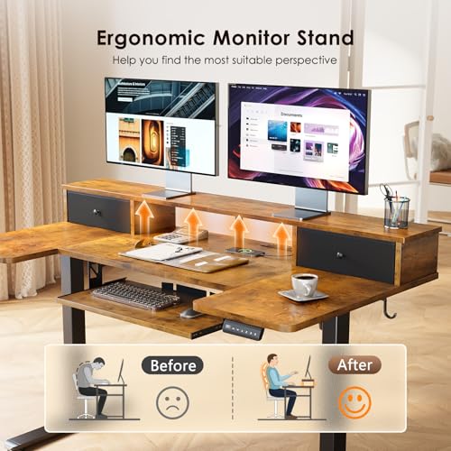 OffiGo U Shaped Electric Standing Desk with Drawers, 55 Inch Height Adjustable Desk with Keyboard Tray ＆ Ergonomic Monitor Stand, Sit Stand Table with Power Outlets for Home, Office, Rustic Brown OffiGo