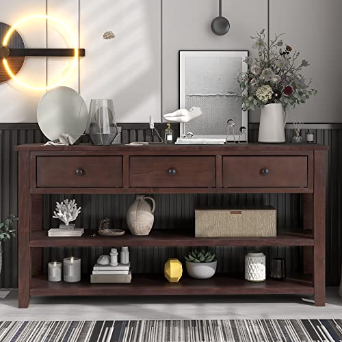 Bellemave Solid Wood Console Table with Drawers, Retro Entryway Table with 3 Drawers and 2 Open Storage Shelves, Narrow Long Sofa Table, Behind Couch Table for Living Room, Foyer and Hallway, Espresso Bellemave