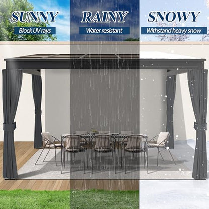 COVERONICS 10' X 13' Outdoor Polycarbonate Hardtop Gazebo - Wall-Mounted Aluminum Frame Gazebo with Slope Roof, Heavy-Duty Lean to Gazebo Pergola with Netting & Curtains for Rainy Day, Sunlig - WoodArtSupply