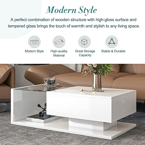 Merax Coffee Table, 2-Tier Rectangular Coffee Table with Tempered Glass, Modern Cocktail Table with High-Gloss UV Surface, Minimalist Design Center Table for Living Room, White Merax