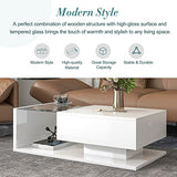 Merax Coffee Table, 2-Tier Rectangular Coffee Table with Tempered Glass, Modern Cocktail Table with High-Gloss UV Surface, Minimalist Design Center Table for Living Room, White Merax