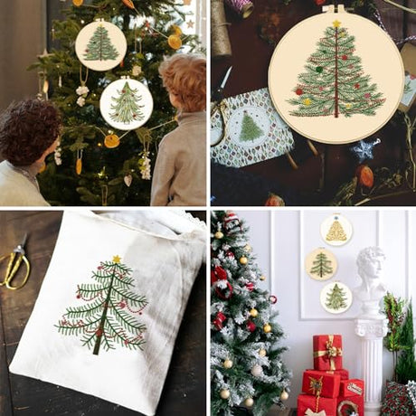 BEUNITONE 4PCS Christmas Tree Embroidery Kit Merry Christmas Stamped Snowflake Pine Tree Needlepoint Kit DIY Adult Beginner Stamped Cross Stitch Kit with Patterns and Instructions BEUNITONE