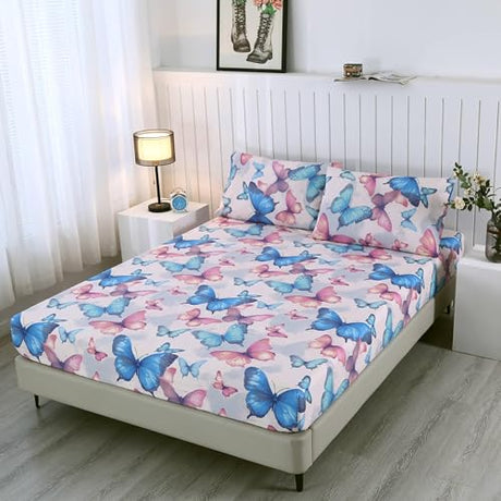SDIII Colorful Butterfly Queen Fitted Sheet with 2 Pillowcases, Not Including Flat Sheet, Soft Microfiber Cute Fitted Sheets for Kids Boys Girls Teens SDIII