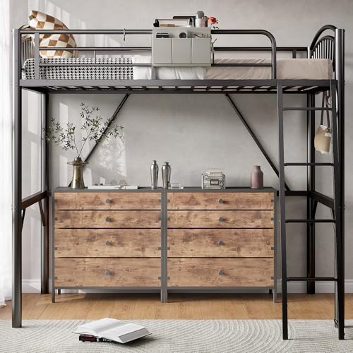 Decofy Metal Loft Bed Twin Size, Twin Loft Bed with Bedside Caddy, Convertible Ladder & Full-Length Guardrails, Space-Saving & Noise Free Design, No Box Spring Needed, Loftbed Frame for Teens Adults Decofy