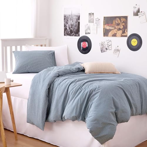 Wake In Cloud - Striped Cotton Duvet Cover Set, 100% Washed Cotton Textured Percale Bedding Set, Ticking Stripe Pinstripe Farmhouse, 3 Pieces, Denim Blue, Twin Size Wake In Cloud