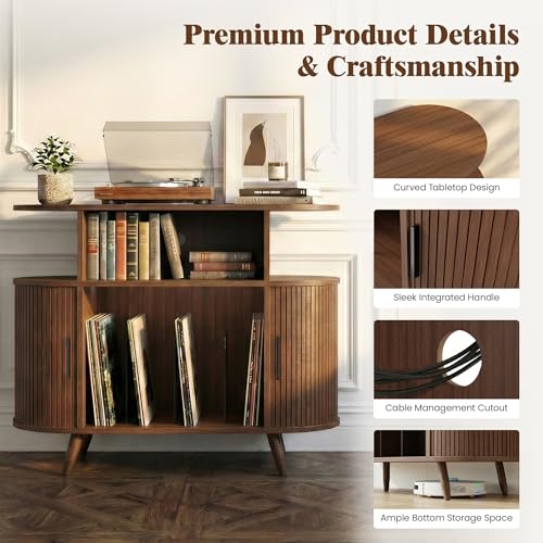 35” Mid Century Record Player Stand, Round Record Storage Cabinet with Charging Station, Turntable Stand Holds up to 150+ Albums, Vinyl Record Player Shelf for Media Stereo Audio, Living Room, Walnut Quelthar