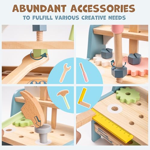 ROBUD Mini Wooden Play Tool Workbench Set for Kids Toddlers - Construction Toys Gift for 18 Months 2 3 4 5 Years Old Boys Girls ROBUD