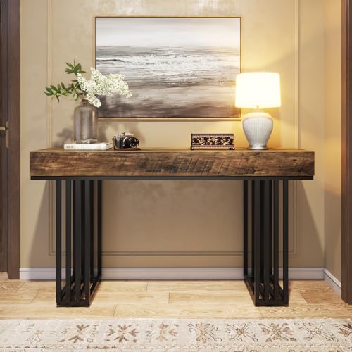 Tribesigns 55-Inch Console Table for Entryway, Industrial Hallway Table with Stylish Metal Frame, Sofa Foyer Table for Living Room, Entrance, Brown & Black. - WoodArtSupply