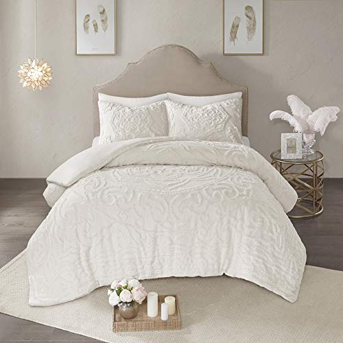 Madison Park Laetitia 100% Cotton Duvet Set-Chenille Tufted Medallion Design All Season Cozy Bedding Shabby Chic Comforter Cover, Matching Shams, Full/Queen (90 in x 90 in), Floral Off White Madison Park