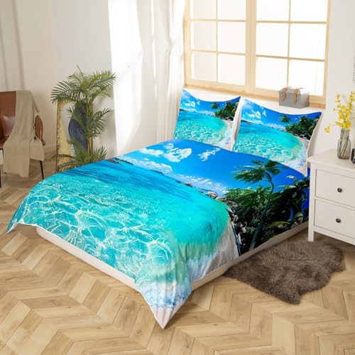 Erosebridal Ocean Duvet Cover Summer Beach Decor Hawaiian Vacation Style Bedding Set Palm Trees Tropical Nature Sea Theme Home Decor Comforter Cover Set, 1 Duvet Cover with 1 Pillow Case Twin Size Erosebridal