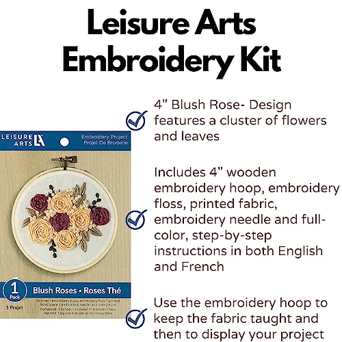 LEISURE ARTS Embroidery Kit 4" Blush Rose (French) - Embroidery Kit for Beginners and Adults, Cross Stitch Kits with Patterns, DIY Starter Set for Seasonal Craft Projects