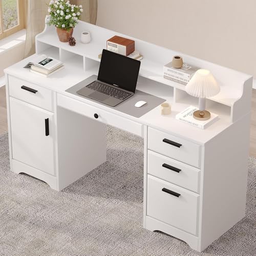MaverickFurni Executive Desk with Hutch, 58 Inch White Computer Desk with 5 Drawers, Home Office Desk with Storage, Rustic Desk with Adjustable Shelves and Storage Cabinet for Bedroom MaverickFurni
