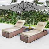 Rophefx Outdoor PE Wicker Patio Lounge Chairs Set of 2, Outside Rattan Pool Lounge Chair with Cup Holder & Adjustable Backrest, Brown Rattan Recliners for Poolside Deck Beach Yard (Beige Cushions)