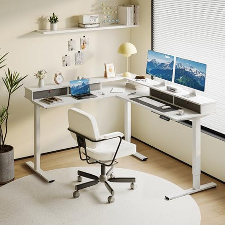 SANODESK 71" L Shaped Standing Desk with 4 Drawers, Height Adjustable Stand up Desk, Corner Gaming Desk with Monitor Stand, White Frame/White Top SANODESK
