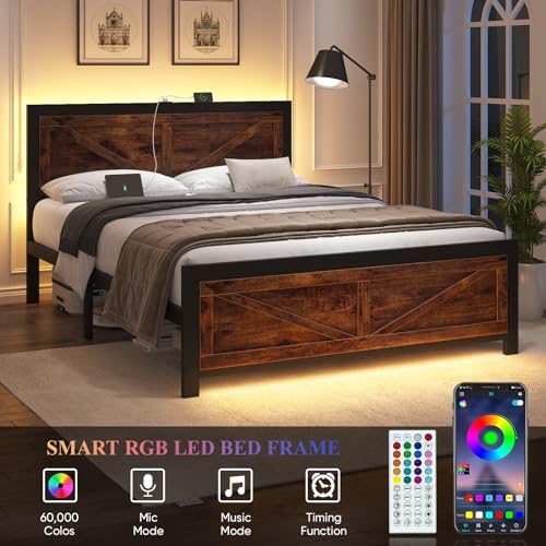 DOGIBIXO Led Bed Frame King Size with USB Charging Station, Industrial Platform Bed Frame with Farmhouse Barn Door Headboard, Strong Metal Slats Support, Noise Free, No Box Spring Needed, Brown DOGIBIXO