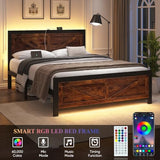 DOGIBIXO Led Bed Frame Queen Size with USB Charging Station, Industrial Platform Bed Frame with Farmhouse Barn Door Headboard, Strong Metal Slats Support, Noise Free, No Box Spring Needed, Brown DOGIBIXO