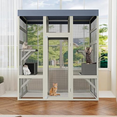 70" Large Outdoor Catio Cat Enclosure, Wood Cat Patio with Waterproof UV-Resistant Roof, Cats Shelter with 5 Platforms and 2 Resting Box, and Secure Rust-Proof Wire for Backyard or Patio IDEALHOUSE