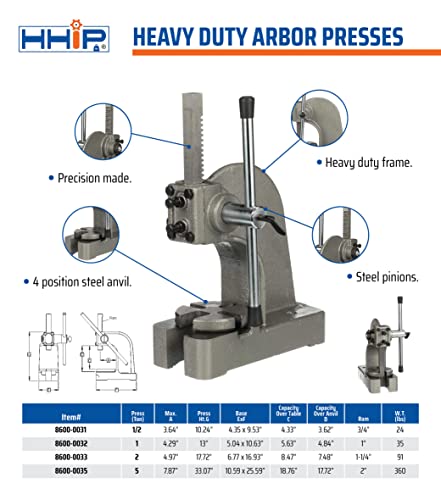HHIP 8600-0031 Heavy Duty Arbor Press, .5 Ton Capacity, 10" Height (Pack of 1) HHIP