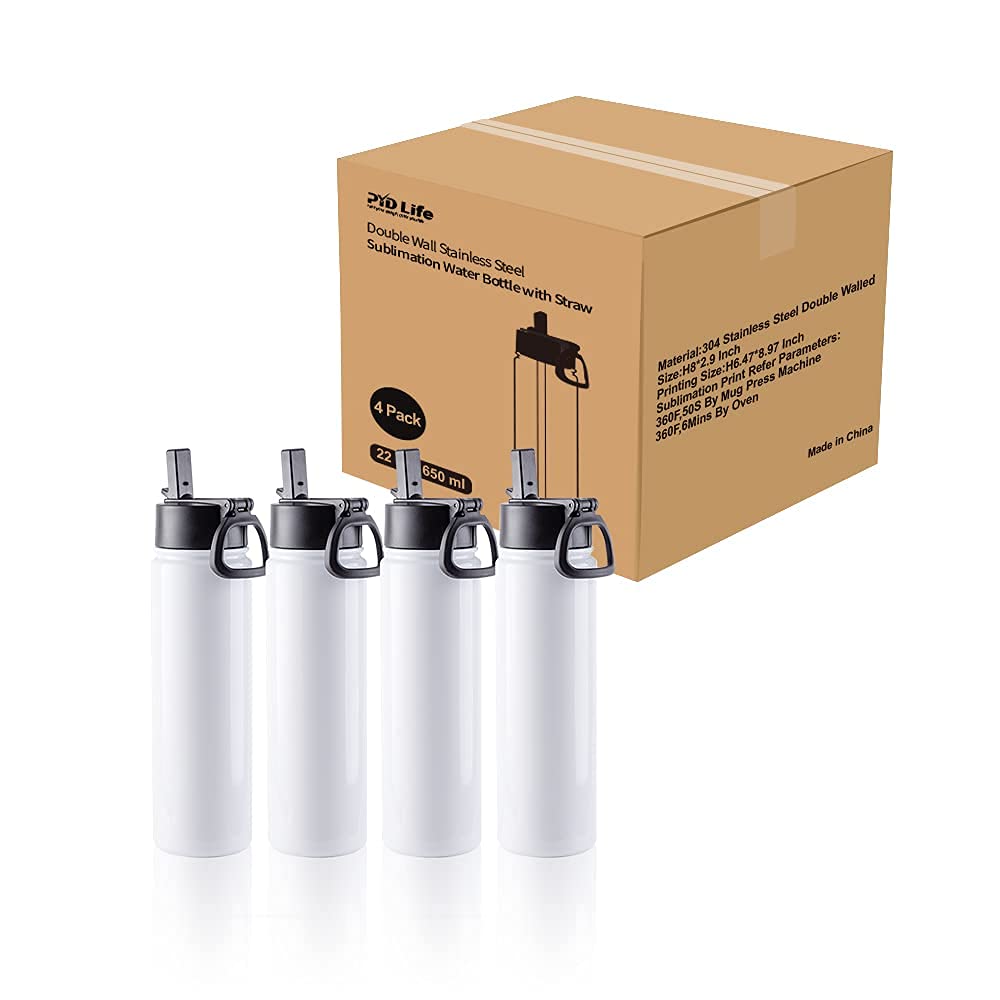 PYD Life 4 Pack Sublimation Blank Tumbler 22 OZ Sports Wide Mouth Stainless Steel Water Bottle Vacuum Flask with Straw and Portable Handle for Tumbler Press Machine Sublimation Print PYD Life