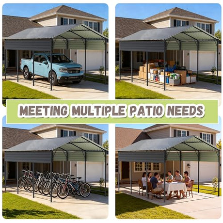 Greesum 10x15FT Metal Carport with Heavy Duty Frame and Galvanized Steel Roof, Vertical Carports with Side Support Rods, Canopy Shelter for Car, Pickup Trucks, Boats and Tractors, Party, Gray Greesum