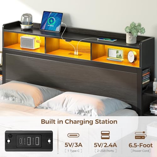 Rolanstar Twin Bed Frame with Bookcase Storage Headboard, Slide Out Bedside Storage, Bed with Charging Station & LED Lights, Heavy Duty Metal Slats, No Box Spring Needed, Noise Free, Black Rolanstar