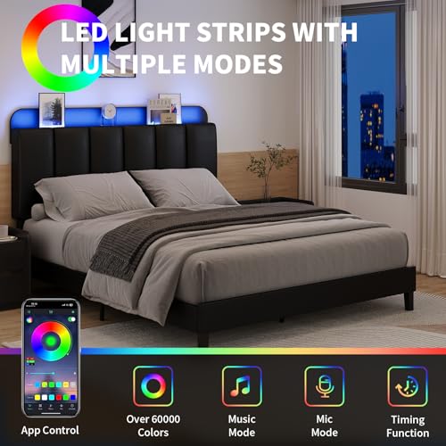 BarnFurin Twin Bed Frame with LED Lights, Upholstered Platform Bed with Storage Headboard, Single Bed Frame, Noise-Free, No Box Spring Needed, Easy Assembly, Black BarnFurin