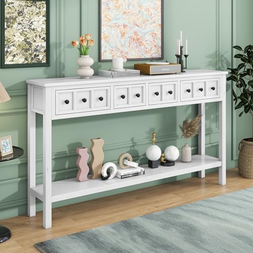 Merax Long Entryway Table with Storage Drawers and Bottom Shelf, 60" Farmhouse Narrow Console Table Sofa Table for Entryway, Antique White - WoodArtSupply