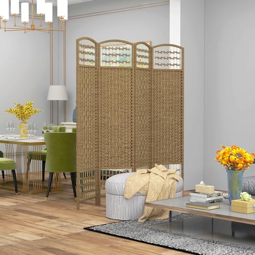 HOMCOM 4 Panel Room Divider, Folding Privacy Screen, 5.6' Room Separator, Wave Fiber Freestanding Partition Wall Divider, Natural HOMCOM
