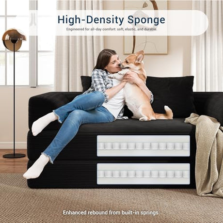 Cloud Boneless Convertible Sofa Bed, 4-in-1 Foldable Compressed High-Density Sponge Sofa, 70" Corduroy Fabric 3 Seater Sleeper Couch Futon Daybed for Living Room Bedroom (Black) Living&Giving