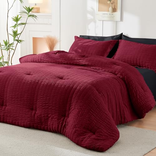 HYMOKEGE Red & Black Twin Comforter Set Seersucker 5 Pieces, All Season Luxury Bed in a Bag for Bedroom, Bedding Set with Comforters, Sheets, Pillowcase & Sham HYMOKEGE
