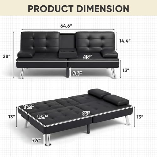 YESHOMY Modern Futon Sofa Bed, Convertible Futon Couch with Adjustable Backrest, Futon Loveseat Sleeper Sofa Bed with Armrest for Living Room, Small Spaces,PU Leather, Black YESHOMY