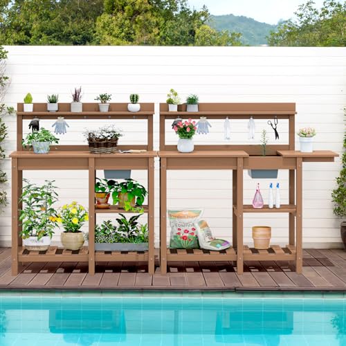 SERWALL Potting Bench Outdoor Potting Table with Sink, HDPE Potting Benches for Outside Gardening Table All Weather Use- Brown - WoodArtSupply