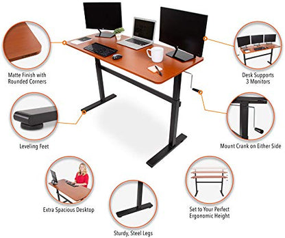 Stand Steady Tranzendesk | 55 Inch Standing Desk with Detachable Wheels | Crank Height Adjustable Sit to Stand Workstation | Modern Ergonomic Desk Supports 3 Monitors  (Cherry)