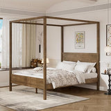 Christopher Knight Home Darnel Wooden Canopy Bed Frame Queen Size with Headboard, 4 Poster Platform Queen Bed Frame, Strong Wood Slat Mattress Support, No Box Spring Needed, Antique Natural