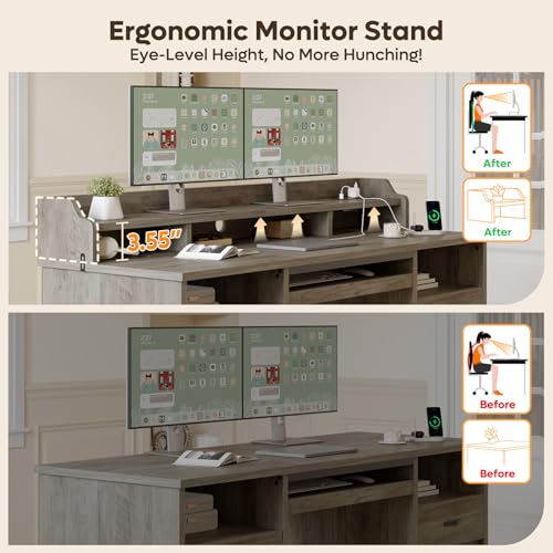 Bestier Farmhouse 59" Executive Desk with Drawers, Wood Computer Desk with Charging Station, Home Office Desk with Keyboard Tray & Monitor Stand, Sturdy Pedestal Desk for Work Study, Grey Bestier