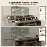 Bestier Farmhouse 59" Executive Desk with Drawers, Wood Computer Desk with Charging Station, Home Office Desk with Keyboard Tray & Monitor Stand, Sturdy Pedestal Desk for Work Study, Grey Bestier