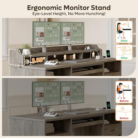 Bestier Farmhouse 59" Executive Desk with Drawers, Wood Computer Desk with Charging Station, Home Office Desk with Keyboard Tray & Monitor Stand, Sturdy Pedestal Desk for Work Study, Grey Bestier
