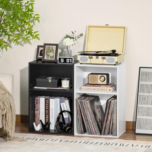 YAHARBO 2 Cube Bookshelf, White Record Player Stand with Vinyl Storage Up to 100 Albums, Horizontal Low Book Shelf, Mini Bookcase with Storage Organizer, Small Turntable Stand for Living Room, Bedroom YAHARBO