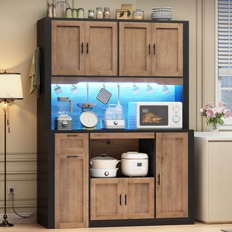 Itaar 71" Pantry Cabinet with Charging Station and LED Light, Kitchen Pantry Cabinet with Microwave Stand, 47.2" Wide Kitchen Storage Cabinets with Storage Cart 3 Tier for Dining Room (Brown) Itaar