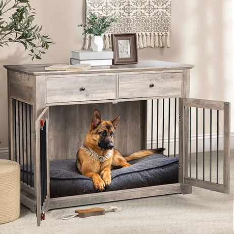 LEMBERI 44 Inch Large Dog Crate Furniture with 2 Storage Drawers, Wooden Dog Kennel Furniture as End Table, Decorative Pet Cage Dog House Indoor for Dogs LEMBERI