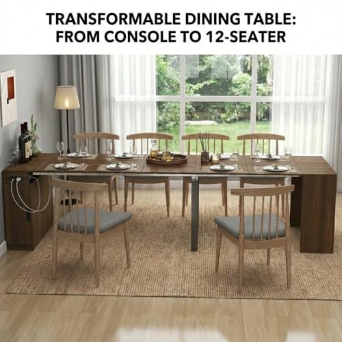 Transform Table Extendable Dining Room Table 23.62"-118.11" w/Charging Station, Folding Dining Table Hidden Storage, Space-Saving Console for Small Apartments, Seats 2-12 (Walnut, with Storage&Outlet) VENLUSUIR