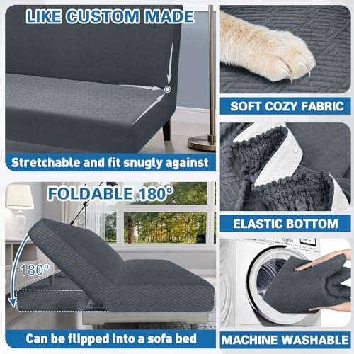 ZNSAYOTX Stretch Fit Futon Cover (67"-82") Armless Futon Sofa Bed Slipcover with Elastic Band, Universal Foldable Sofa Mattress Protector Full Queen Size, Washable Comfort Jacquard (Dark Grey) ZNSAYOTX